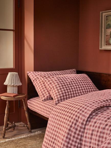Piglet in Bed Gingham Linen Blend Bedding, Rhubarb/Rose - view 2, Rhubarb/Rose