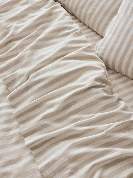 Piglet in Bed Pembroke Stripe Linen Blend Flat Sheet, Oatmeal, Oatmeal