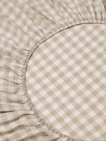 Piglet in Bed Gingham Linen Blend Fitted Sheet, Oatmeal - view 2, Oatmeal