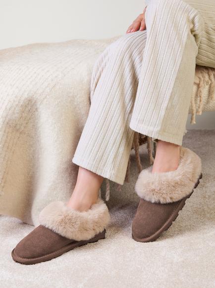 totes Isotoner Suede  Faux Fur Cuff Boot Slippers - view 2, Brown