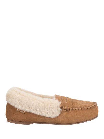 totes Isotoner Suede Faux Fur Moccasin Slippers, Tan, Tan