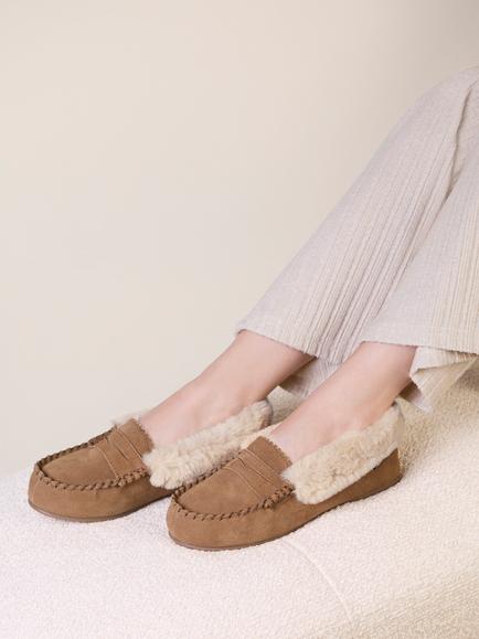 totes Isotoner Suede Faux Fur Moccasin Slippers, Tan - view 2, Tan