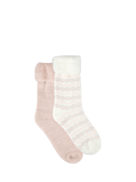 totes Women's Brushed Thermal Bed Socks, Pack of 2, Cream/Pink, Cream/Pink