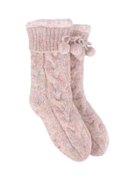 totes Women's Cable Knit Sherpa Lining Slipper Socks, Pink, Pink