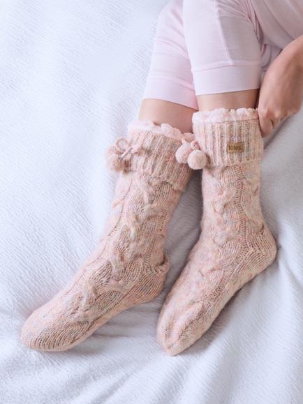 totes Women's Cable Knit Sherpa Lining Slipper Socks, Pink - view 2, Pink