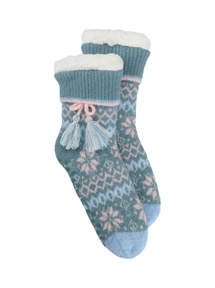 totes Women's Fair Isle Knit Crop Slipper Socks, Teal/Multi, Teal/Multi
