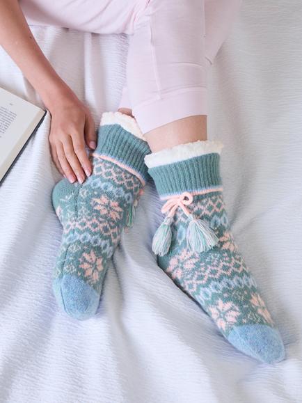 totes Women's Fair Isle Knit Crop Slipper Socks, Teal/Multi - view 2, Teal/Multi