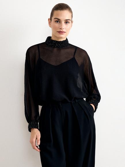 Phase Eight Bethany Sequin Neck Batwing Top, Black, Black
