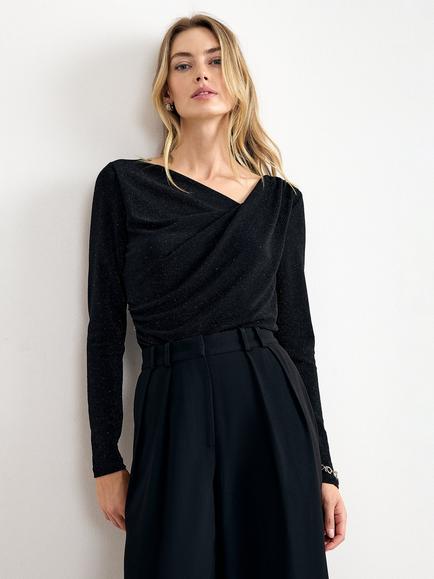 Phase Eight Marcy Asymmetric Sparkle Ruched Top, Black, Black
