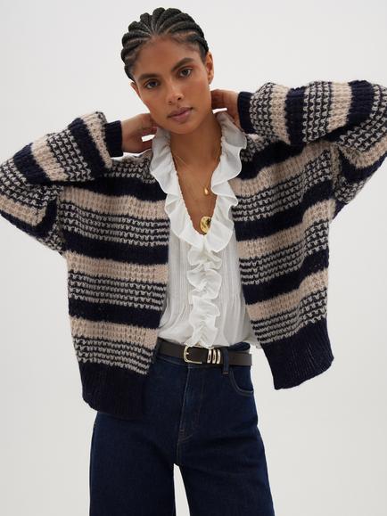 HUSH Skye Stripe Round Neck Cardigan, Navy/Beige, Navy/Beige