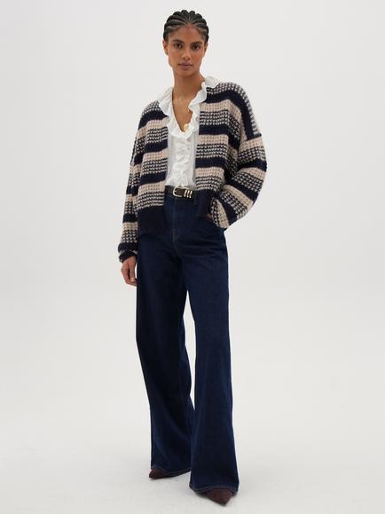 HUSH Skye Stripe Round Neck Cardigan, Navy/Beige - view 2, Navy/Beige