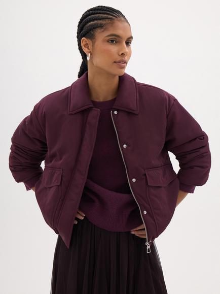 HUSH Blythe Padded Collared Bomber Jacket, Dark Wine Red, Dark Wine Red