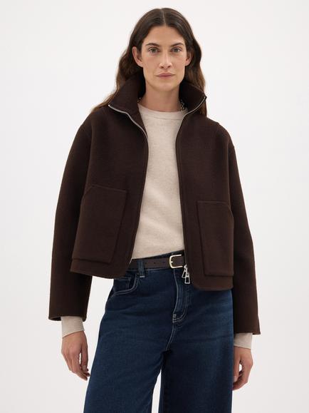HUSH Ira Pure Wool Double Faced Funnel Neck Zip Jacket, Dark Brown