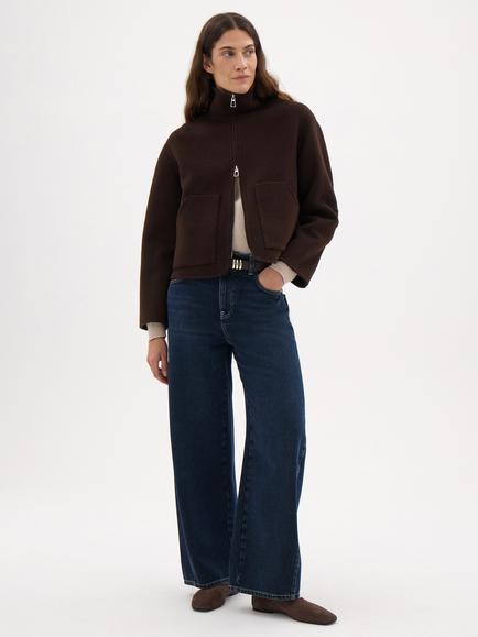 HUSH Ira Pure Wool Double Faced Funnel Neck Zip Jacket - view 2, Dark Brown