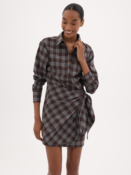 HUSH Elaris Check Wrap Detail Midi Shirt Dress, Brown/Grey, Brown/Grey