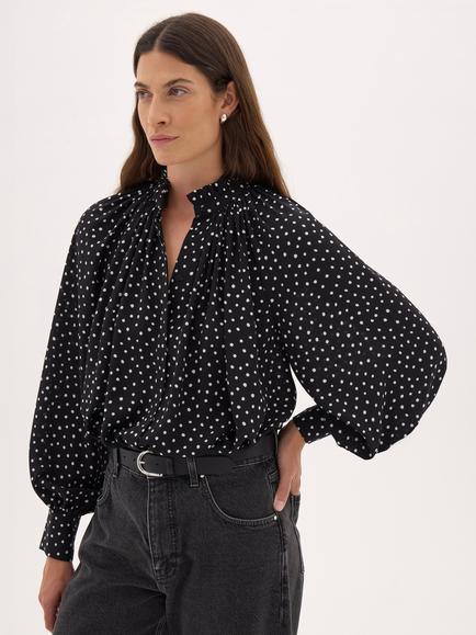 HUSH Fleur Polka Dot Floaty Chiffon Blouse, Black, Black