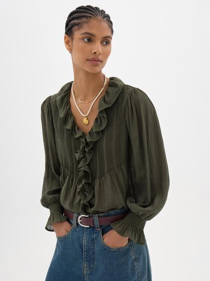 HUSH Koa Long Sleeve Crinkle Blouse containing LENZING™ ECOVERO™ Viscose, Khaki
