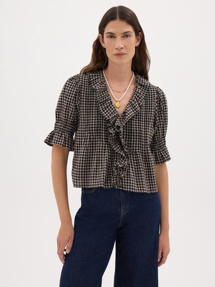 HUSH Koa Ruffle Short Sleeve Check Textured Blouse, Black/Multi, Black/Multi