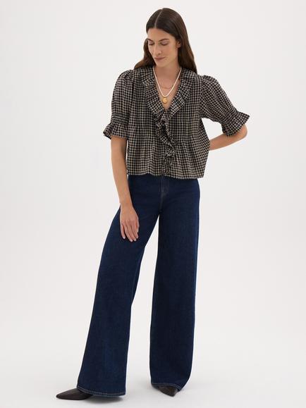 HUSH Koa Ruffle Short Sleeve Check Textured Blouse, Black/Multi - view 2, Black/Multi