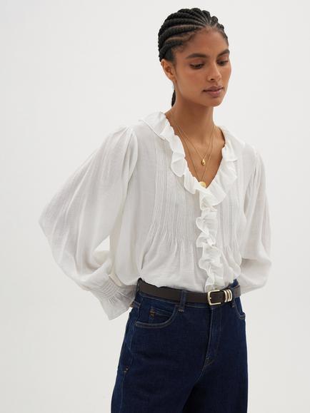 HUSH Koa Long Sleeve Crinkle Blouse containing LENZING™ ECOVERO™ Viscose, White