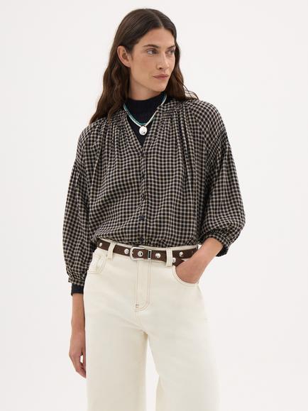 HUSH Mila Gathered Sleeve Check Blouse, Black/Multi, Black/Multi