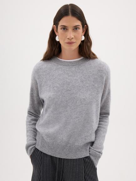HUSH Avery Cashmere Crew Neck Jumper, Light Grey Marl