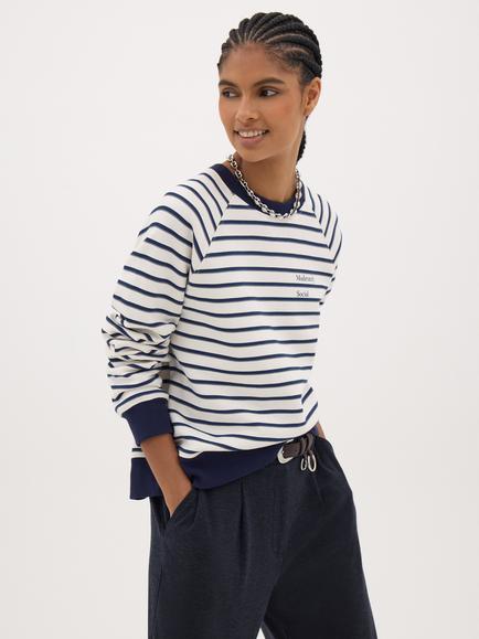 HUSH Graphic Stripe Raglan Sweatshirt, Navy/Ecru, Navy/Ecru