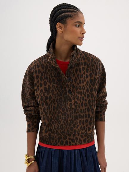HUSH Hendrix Animal Print Half Placket Cotton Sweatshirt, Brown, Brown