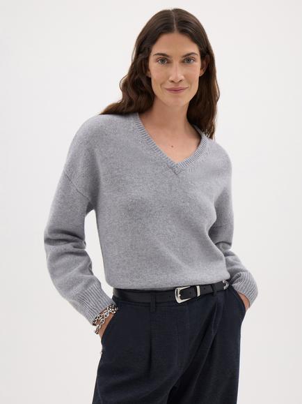 HUSH Millie Merino Wool V-Neck Jumper, Light Grey Marl, Light Grey Marl