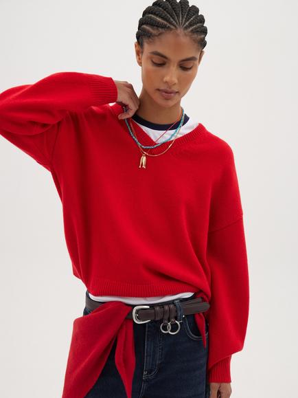 HUSH Millie Merino Wool V-Neck Jumper, True Red, True Red