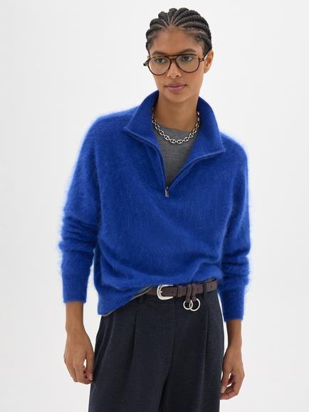 HUSH Seraphine Wool Zip-Neck Jumper, Bright Blue, Bright Blue