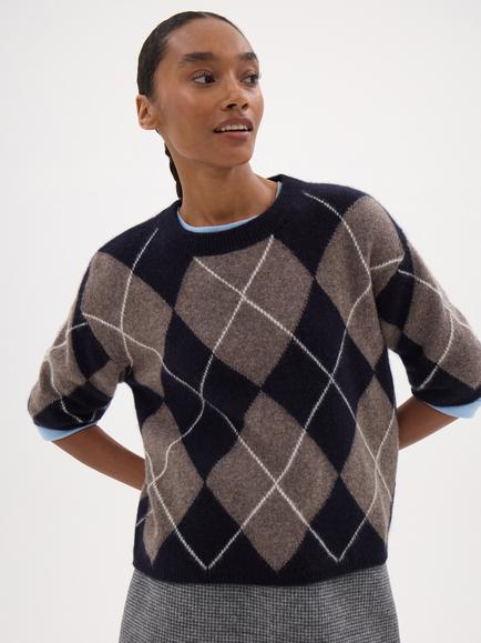 HUSH Arlena Wool Check Round Neck T-Shirt, Dark Brown, Dark Brown