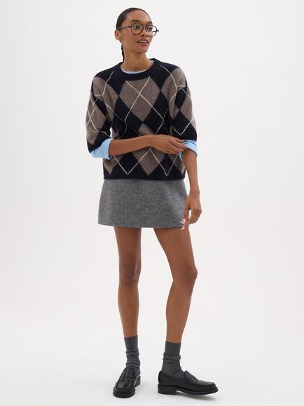 HUSH Arlena Wool Check Round Neck T-Shirt, Dark Brown - view 2, Dark Brown