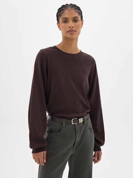 HUSH Elodie Cotton Boat Neck Jersey Top, Dark Brown, Dark Brown