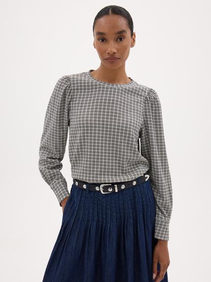 HUSH Emily Check Puff Sleeve Top, Khaki Green, Khaki Green