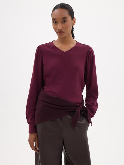 HUSH Emily V-Neck Puff Sleeve Top, Wine Red, Wine Red