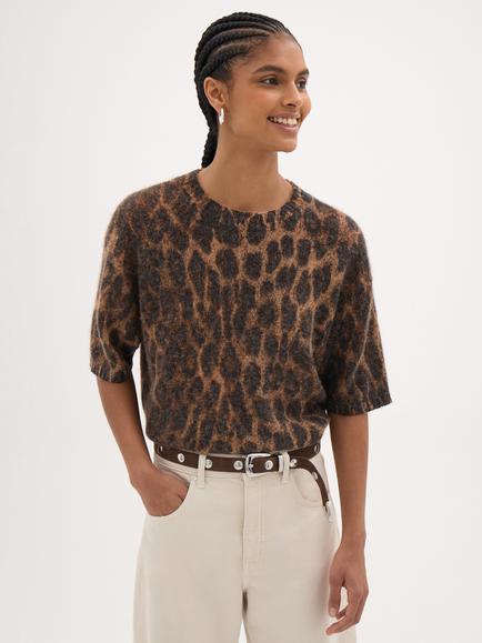 HUSH Maple Leopard Print Knitted T-Shirt, Neutral, Neutral