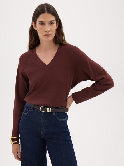 HUSH Matilda V-Neck Cotton Raglan Top, Chocolate Brown, Chocolate Brown