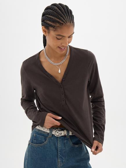 HUSH Roe Cotton Slub Henley Long Sleeve T-Shirt, Dark Brown