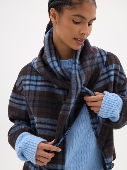 HUSH Holden Check Wool Rich Double Face Triangle Scarf, Blue/Brown - view 2, Blue/Brown