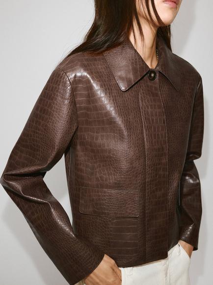 Mango Croc Embossed Faux Leather Jacket, Camel, Camel
