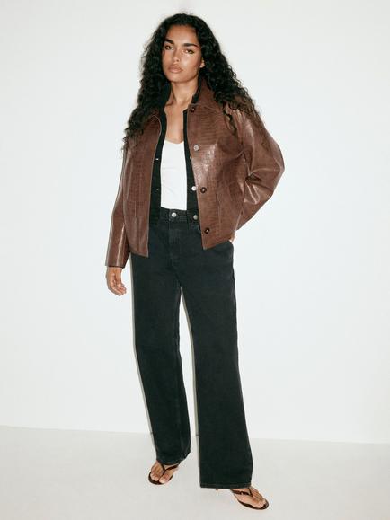 Mango Croc Embossed Faux Leather Jacket, Camel - view 2, Camel