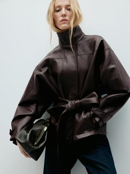 Mango Funnel Neck Belted Oversized Jacket, Chocolate, Chocolate