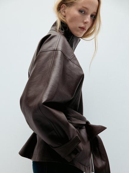 Mango Funnel Neck Belted Oversized Jacket, Chocolate - view 2, Chocolate