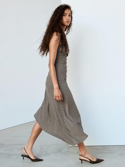 Mango Asymmetric Checked Midi Dress, Brown, Brown