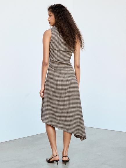 Mango Asymmetric Checked Midi Dress, Brown - view 2, Brown