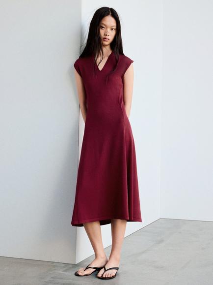Mango V-Neck Knitted Midi Dress, Strawberry