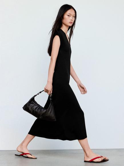 Mango V-Neck Knitted Midi Dress, Black