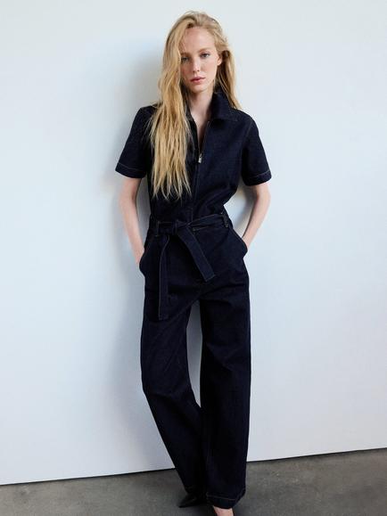 Mango Short Sleeve Belted Denim Jumpsuit, Dark Blue, Dark Blue