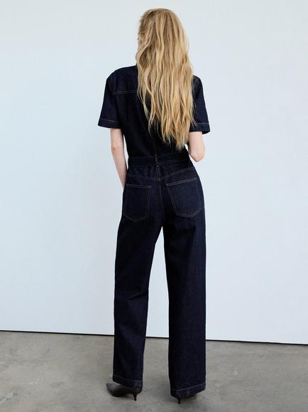 Mango Short Sleeve Belted Denim Jumpsuit, Dark Blue - view 2, Dark Blue